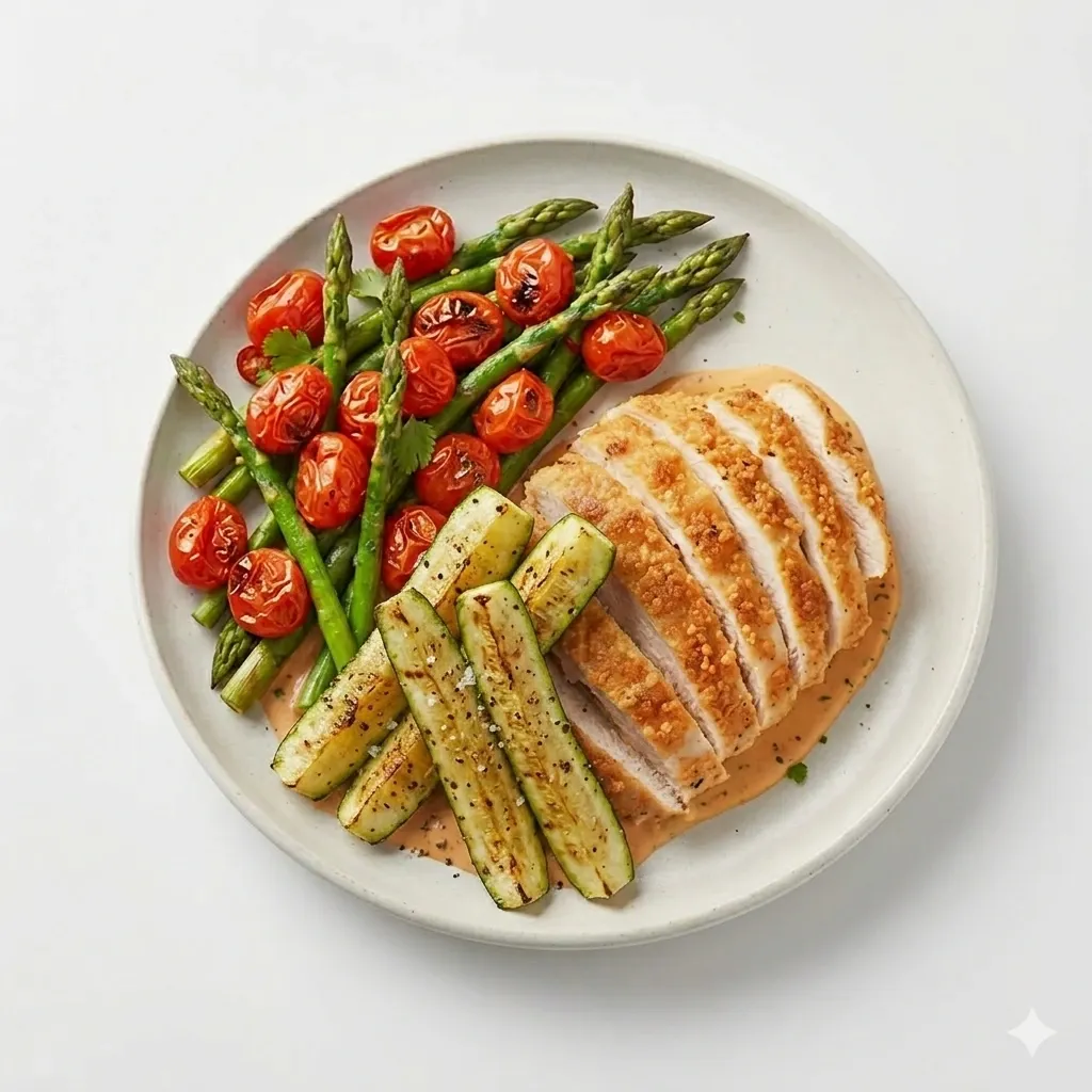 Jalapeño-Cheddar Crusted Chicken With Blistered Tomato Asparagus & Chipotle-Lime Velvet
